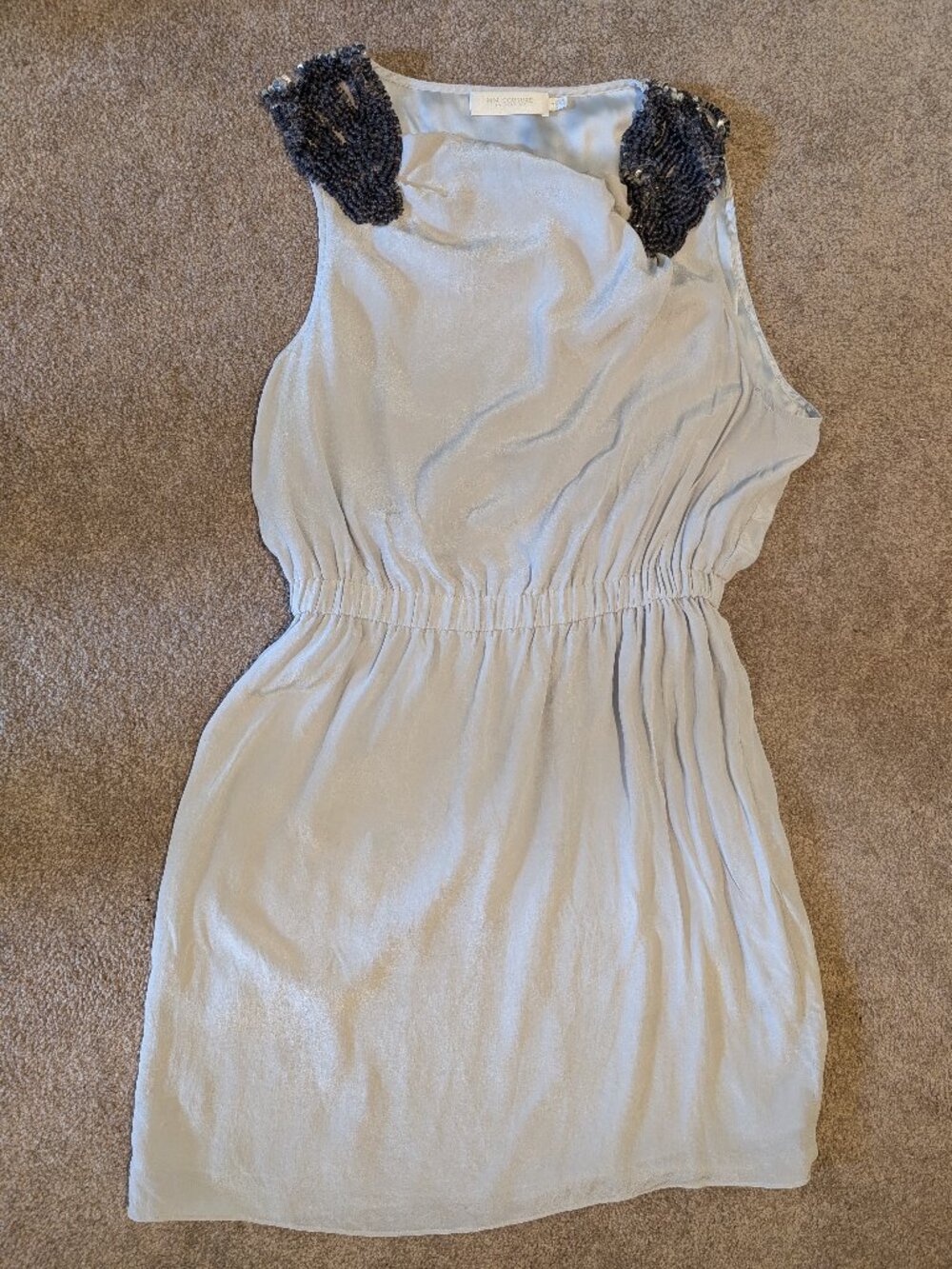 100% silk gray MM Couture Dress sleeveless beaded shoulders size medium